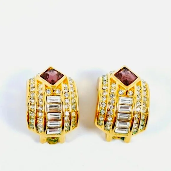 Christan Dior Gold Plated Earrings Clip On With Crystal / Amethyst  Repaired - Picture 4 of 16